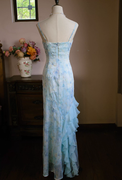 Vintage Aqua Blue Chiffon Prom Dress Floral Print Spaghetti Strap Ruffled Evening Gown TP5540