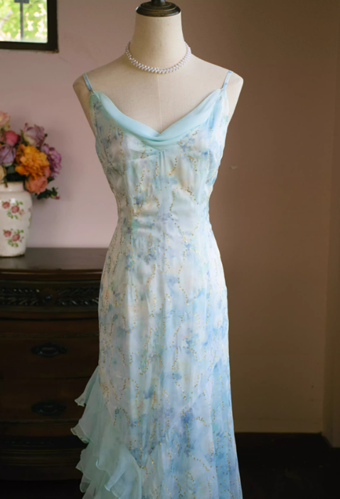 Vintage Aqua Blue Chiffon Prom Dress Floral Print Spaghetti Strap Ruffled Evening Gown TP5540