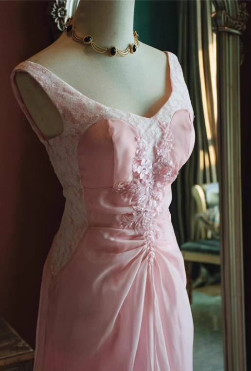 Vintage Pink Chiffon Lace Applique A-Line Evening Gown TP5544