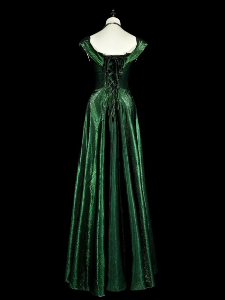 Vintage Emerald Green Velvet Off-Shoulder Formal Gown Floor-Length Evening Gown TP5549