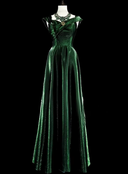 Vintage Emerald Green Velvet Off-Shoulder Formal Gown Floor-Length Evening Gown TP5549