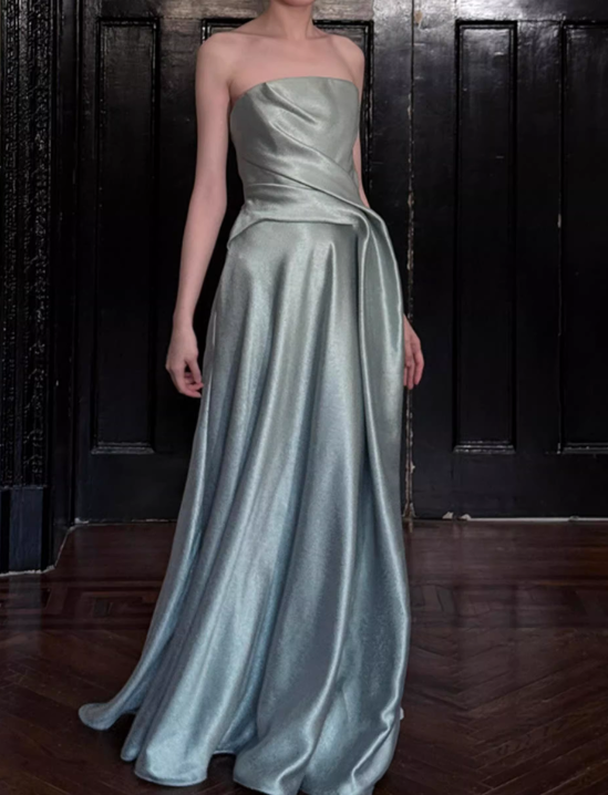 Vintage Dusty Sage Satin Strapless A-Line Evening Gown TP5555