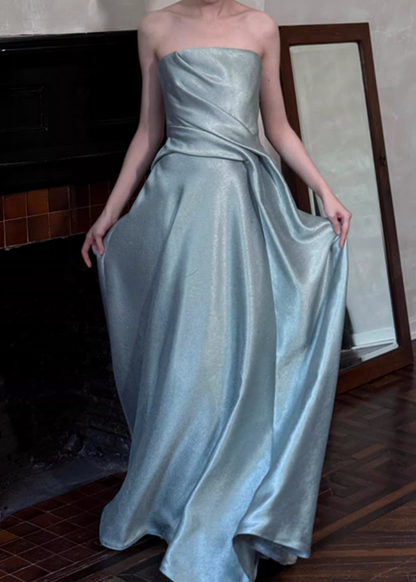 Vintage Dusty Sage Satin Strapless A-Line Evening Gown TP5555