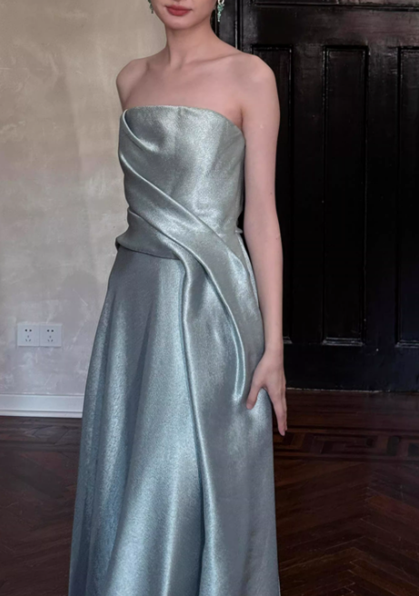 Vintage Dusty Sage Satin Strapless A-Line Evening Gown TP5555