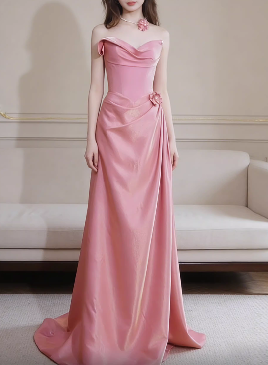 Vintage Pink Satin Strapless A-Line Ruched Formal Evening Gown TP5556