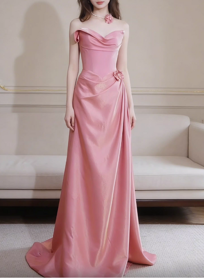 Vintage Pink Satin Strapless A-Line Ruched Formal Evening Gown TP5556