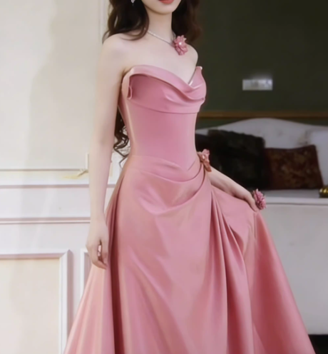 Vintage Pink Satin Strapless A-Line Ruched Formal Evening Gown TP5556