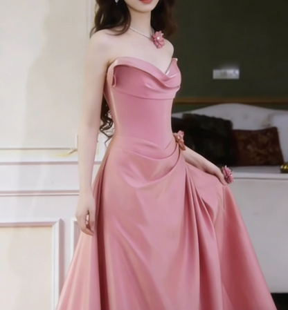 Vintage Pink Satin Strapless A-Line Ruched Formal Evening Gown TP5556