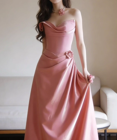 Vintage Pink Satin Strapless A-Line Ruched Formal Evening Gown TP5556