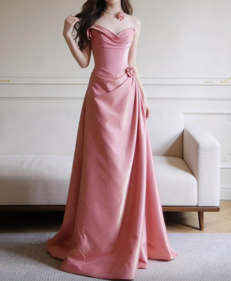 Vintage Pink Satin Strapless A-Line Ruched Formal Evening Gown TP5556