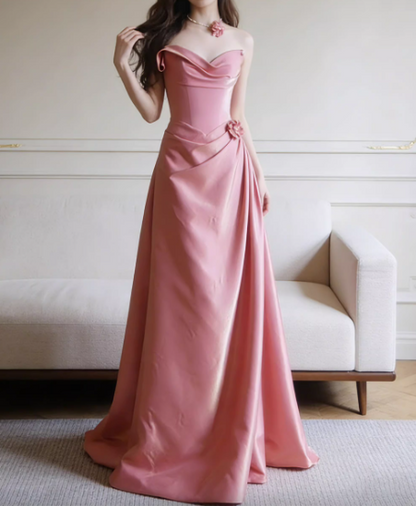 Vintage Pink Satin Strapless A-Line Ruched Formal Evening Gown TP5556