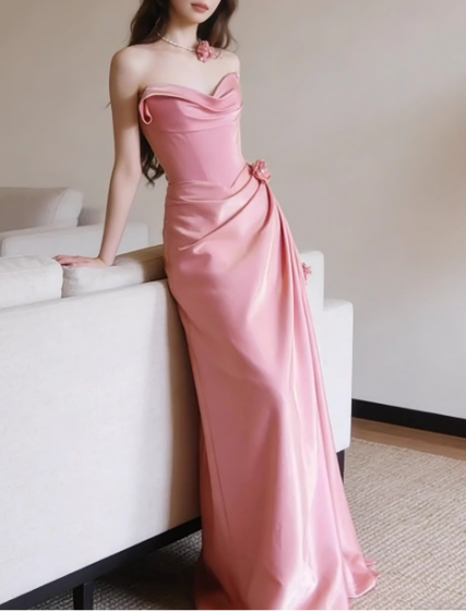 Vintage Pink Satin Strapless A-Line Ruched Formal Evening Gown TP5556