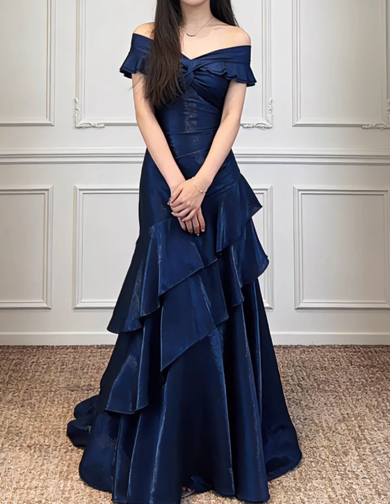 Vintage Navy Blue Satin Off-Shoulder Mermaid Tiered Ruffle Evening Gown TP5558