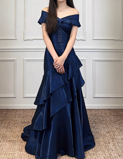 Vintage Navy Blue Satin Off-Shoulder Mermaid Tiered Ruffle Evening Gown TP5558