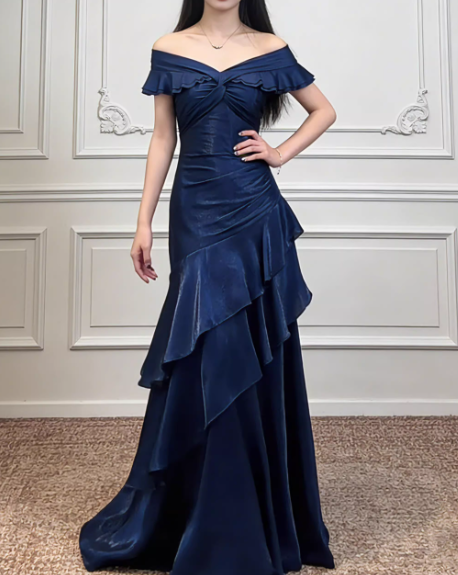 Vintage Navy Blue Satin Off-Shoulder Mermaid Tiered Ruffle Evening Gown TP5558