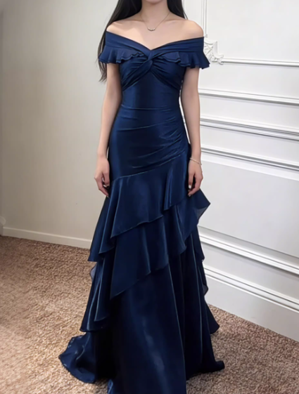 Vintage Navy Blue Satin Off-Shoulder Mermaid Tiered Ruffle Evening Gown TP5558