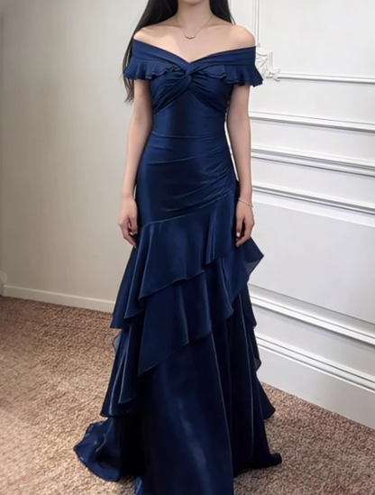 Vintage Navy Blue Satin Off-Shoulder Mermaid Tiered Ruffle Evening Gown TP5558