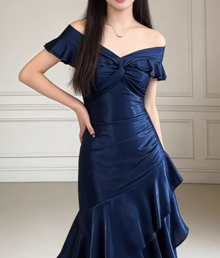Vintage Navy Blue Satin Off-Shoulder Mermaid Tiered Ruffle Evening Gown TP5558