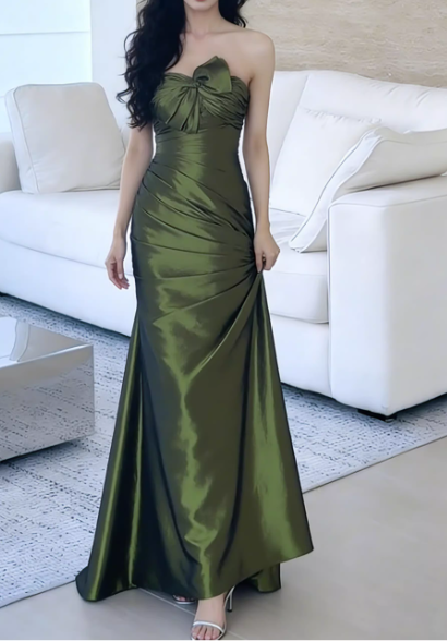 Vintage Olive Green Satin Strapless Mermaid Ruched Evening Gown TP5561