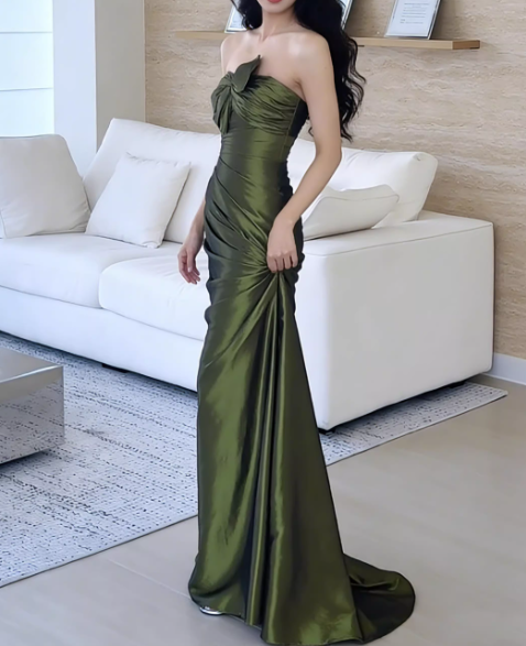 Vintage Olive Green Satin Strapless Mermaid Ruched Evening Gown TP5561