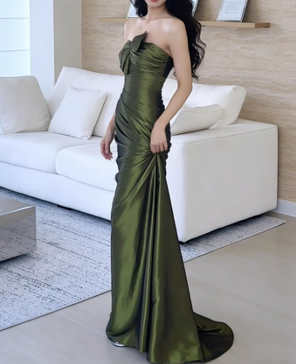 Vintage Olive Green Satin Strapless Mermaid Ruched Evening Gown TP5561