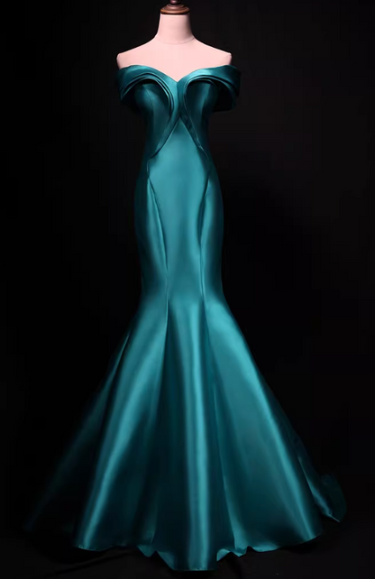 Vintage Teal Satin Off-Shoulder Mermaid Evening Gown TP5563