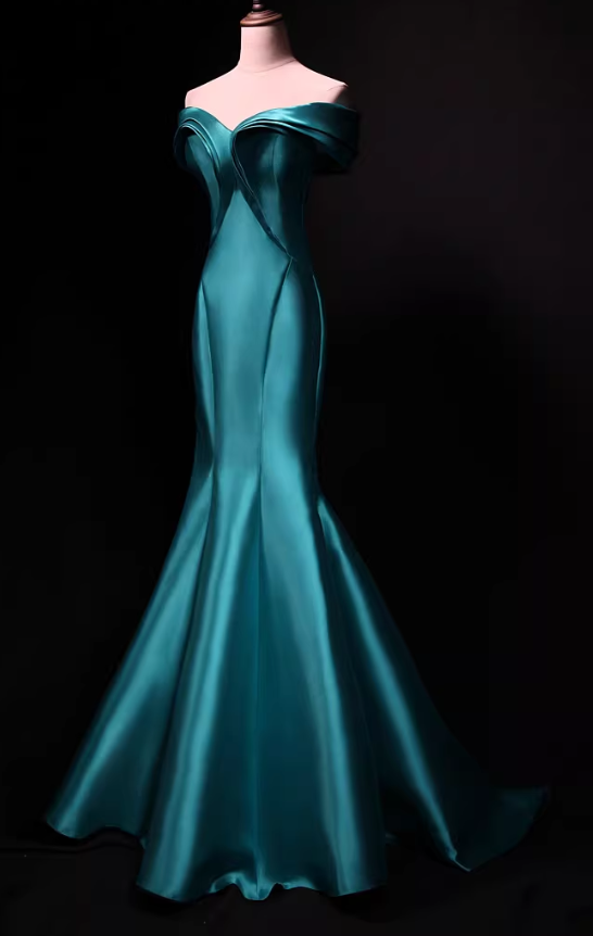 Vintage Teal Satin Off-Shoulder Mermaid Evening Gown TP5563