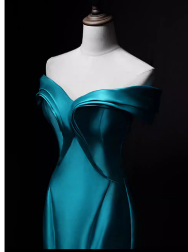 Vintage Teal Satin Off-Shoulder Mermaid Evening Gown TP5563