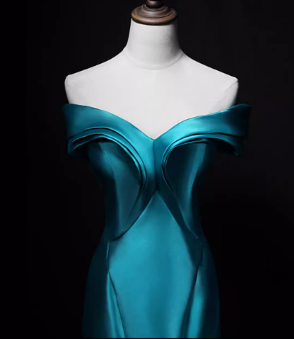 Vintage Teal Satin Off-Shoulder Mermaid Evening Gown TP5563