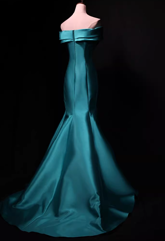 Vintage Teal Satin Off-Shoulder Mermaid Evening Gown TP5563