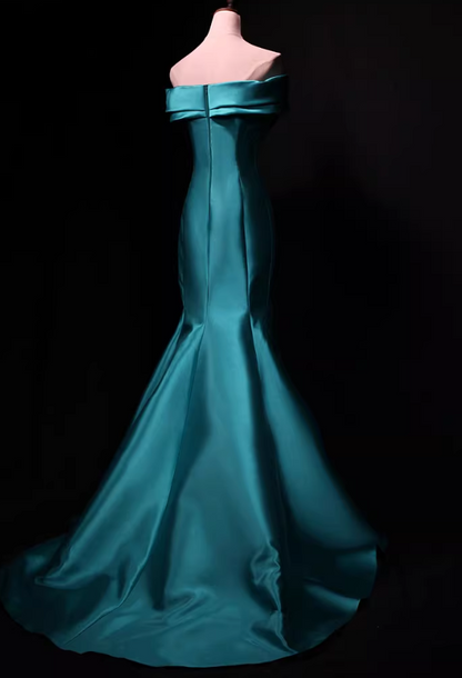 Vintage Teal Satin Off-Shoulder Mermaid Evening Gown TP5563