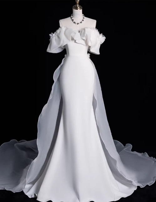 Vintage White Off-Shoulder Ruffled Mermaid Satin Sheer with Train Wedding Dress TP5586