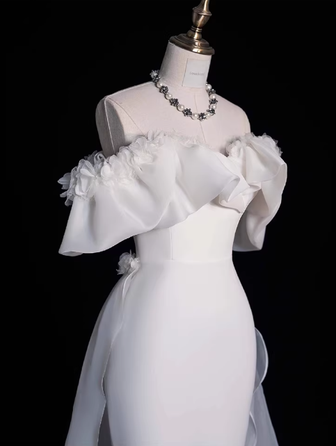 Vintage White Off-Shoulder Ruffled Mermaid Satin Sheer with Train Wedding Dress TP5586