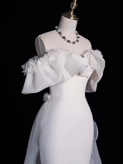 Vintage White Off-Shoulder Ruffled Mermaid Satin Sheer with Train Wedding Dress TP5586