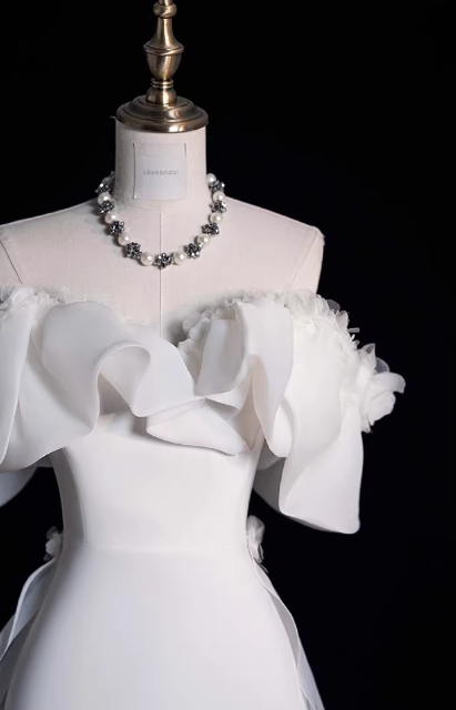 Vintage White Off-Shoulder Ruffled Mermaid Satin Sheer with Train Wedding Dress TP5586
