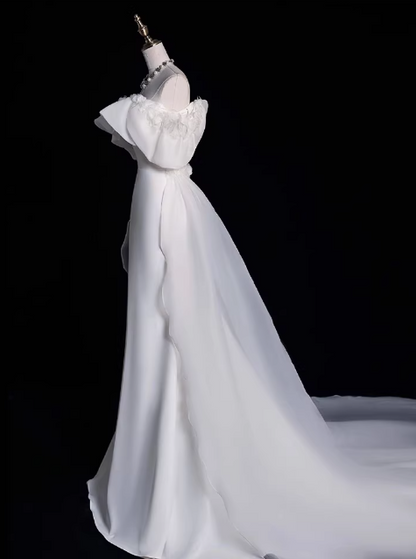 Vintage White Off-Shoulder Ruffled Mermaid Satin Sheer with Train Wedding Dress TP5586