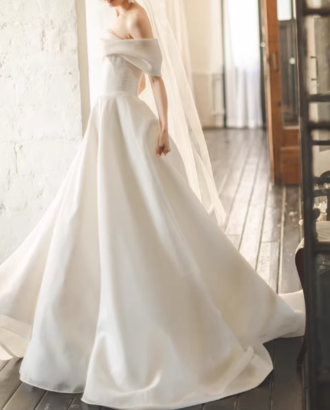 Vintage Off-Shoulder White Satin A-Line Wedding Dress TP5589