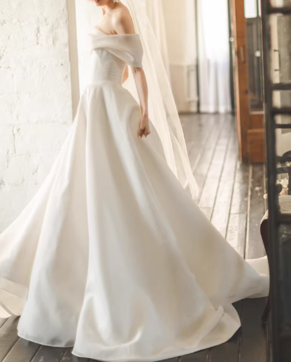Vintage Off-Shoulder White Satin A-Line Wedding Dress TP5589