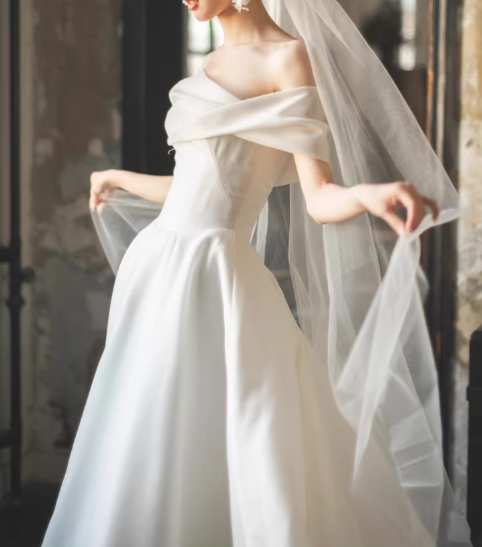 Vintage Off-Shoulder White Satin A-Line Wedding Dress TP5589