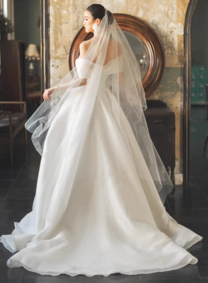Vintage Off-Shoulder White Satin A-Line Wedding Dress TP5589