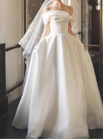 Vintage Off-Shoulder White Satin A-Line Wedding Dress TP5589