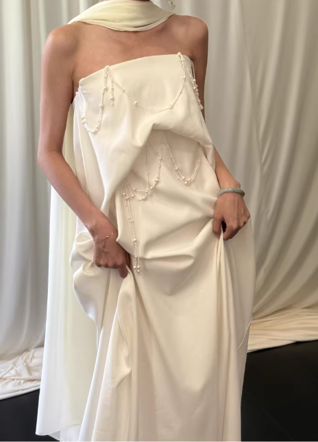 Chic One-Shoulder Ivory Satin Strapless Pearl Chain Draped Sheath Wedding Dress TP5590