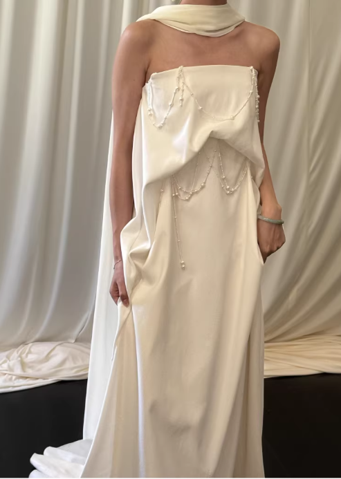 Chic One-Shoulder Ivory Satin Strapless Pearl Chain Draped Sheath Wedding Dress TP5590