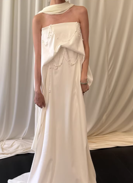 Chic One-Shoulder Ivory Satin Strapless Pearl Chain Draped Sheath Wedding Dress TP5590