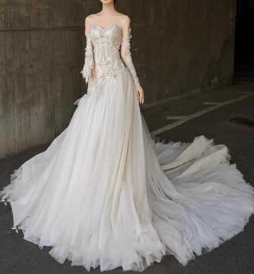 Enchanting Off-Shoulder Ivory Tulle Lace Embroidery Dramatic Train Wedding Dress TP5591