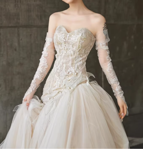Enchanting Off-Shoulder Ivory Tulle Lace Embroidery Dramatic Train Wedding Dress TP5591