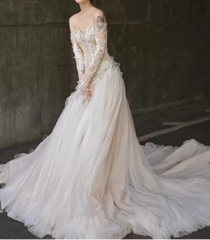 Enchanting Off-Shoulder Ivory Tulle Lace Embroidery Dramatic Train Wedding Dress TP5591