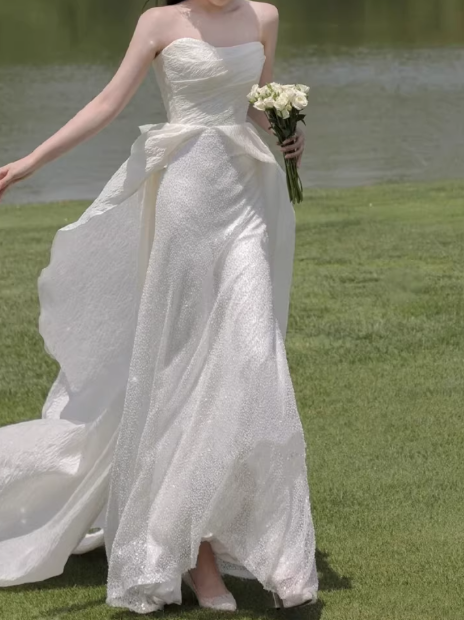 Ethereal Strapless Ivory Flowy Train Sheath Wedding Dress TP5592