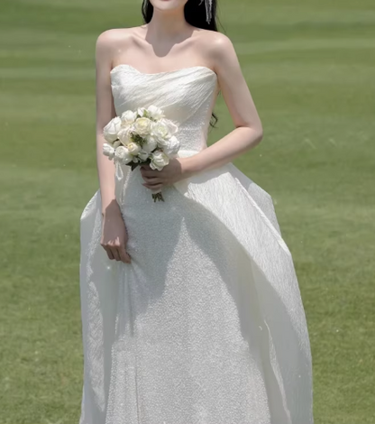 Ethereal Strapless Ivory Flowy Train Sheath Wedding Dress TP5592