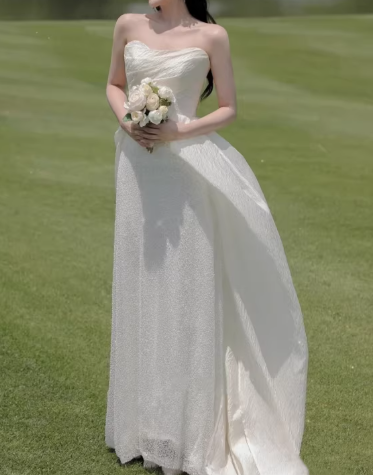 Ethereal Strapless Ivory Flowy Train Sheath Wedding Dress TP5592